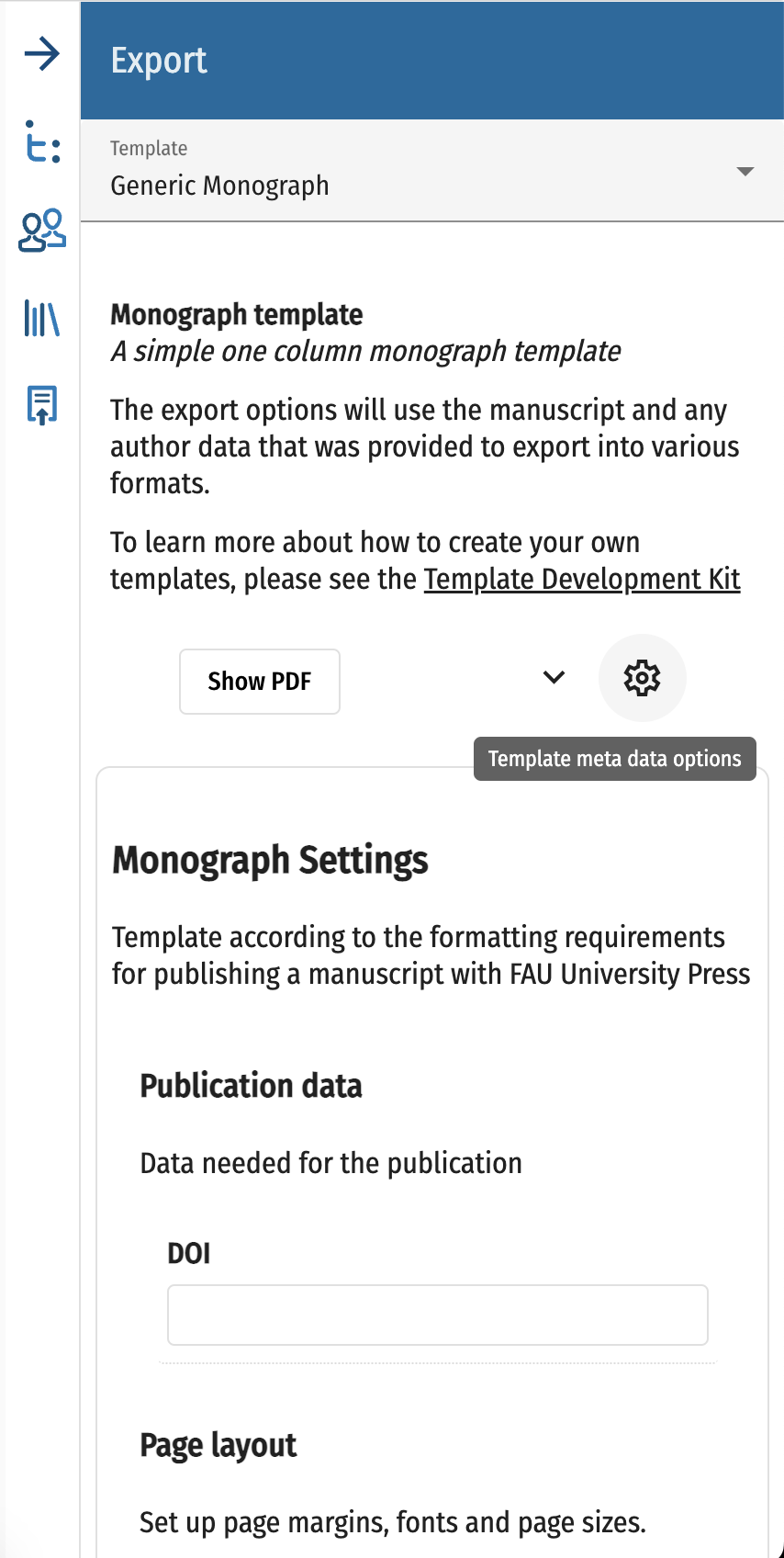 Settings UI showing a multiple options to customize a template