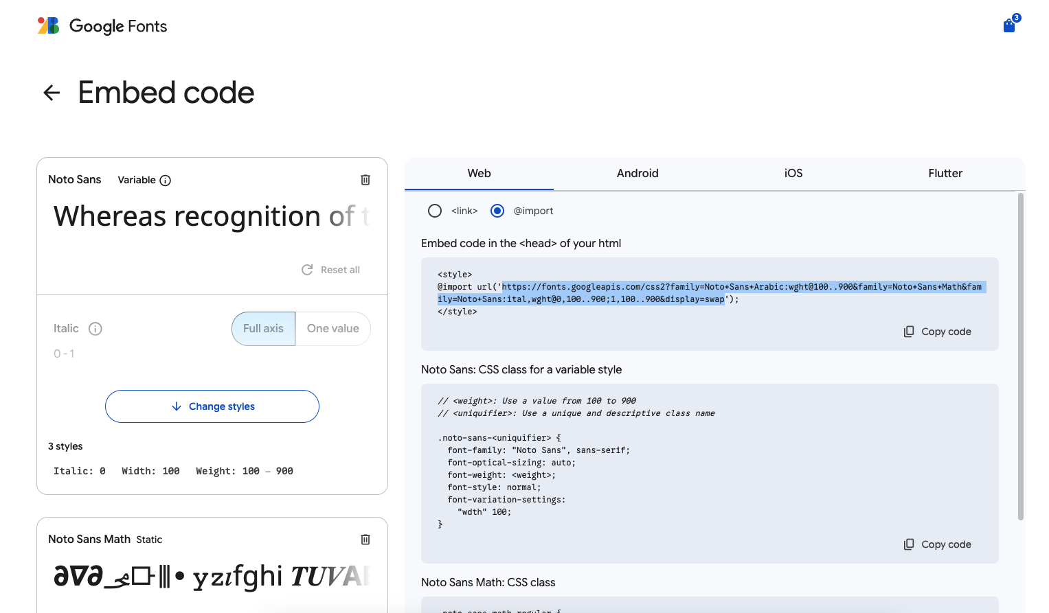 Embed code page for Google Fonts