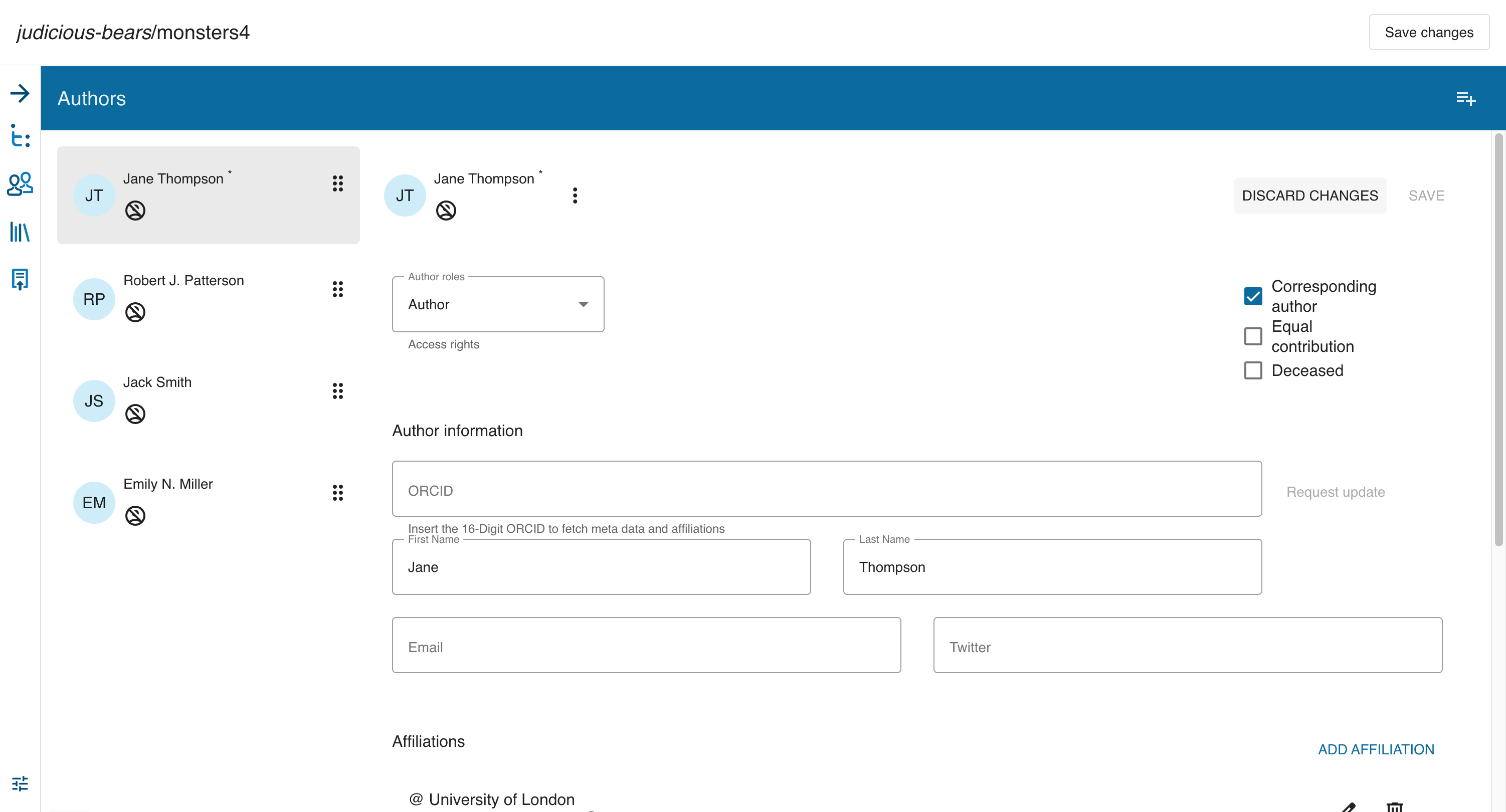 Author metadata editing form with name, ORCID, email, and affiliation fields