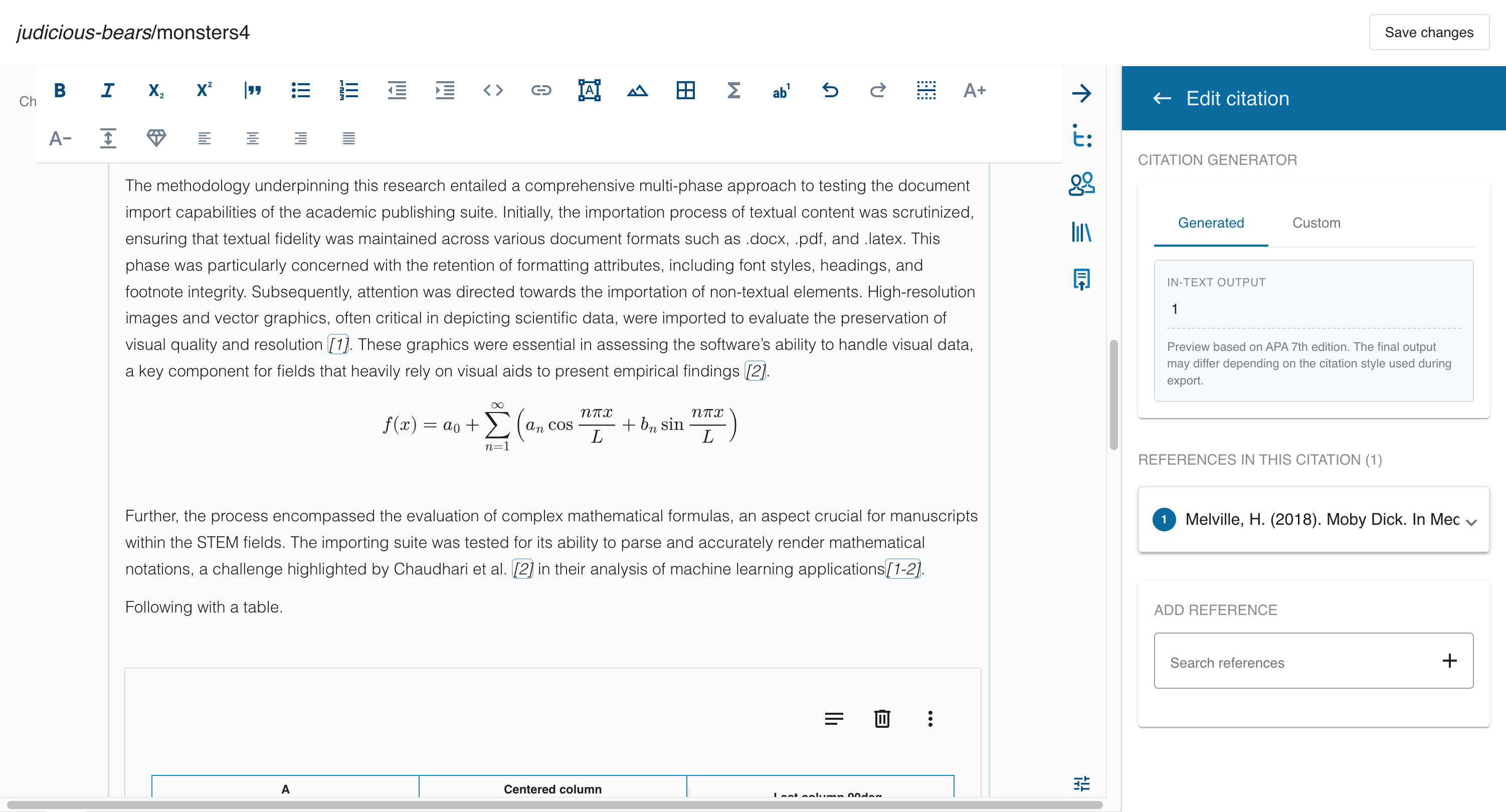 In-text citation editor showing the citation generator and linked reference