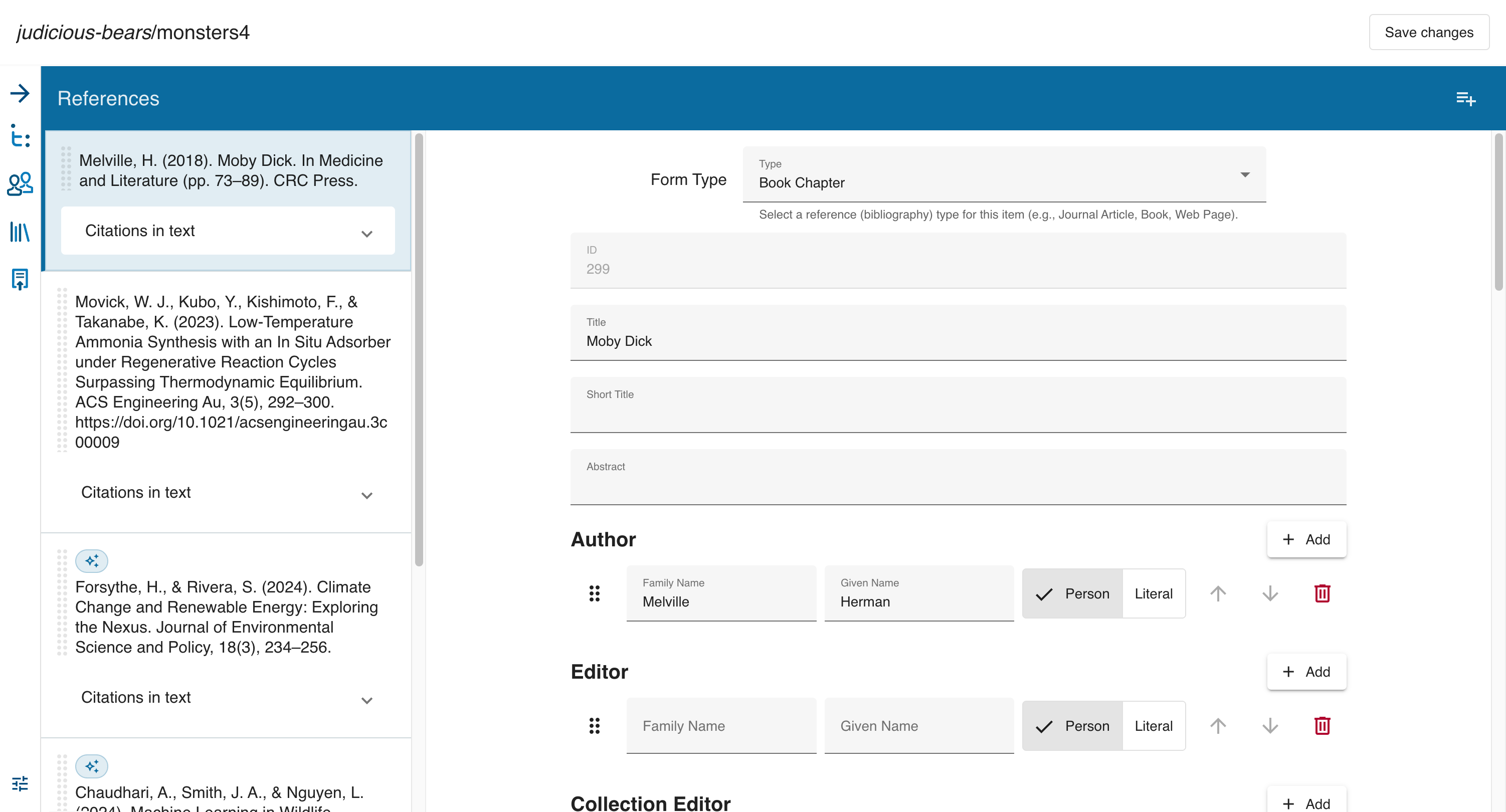 Reference metadata editing form showing type, title, and author fields