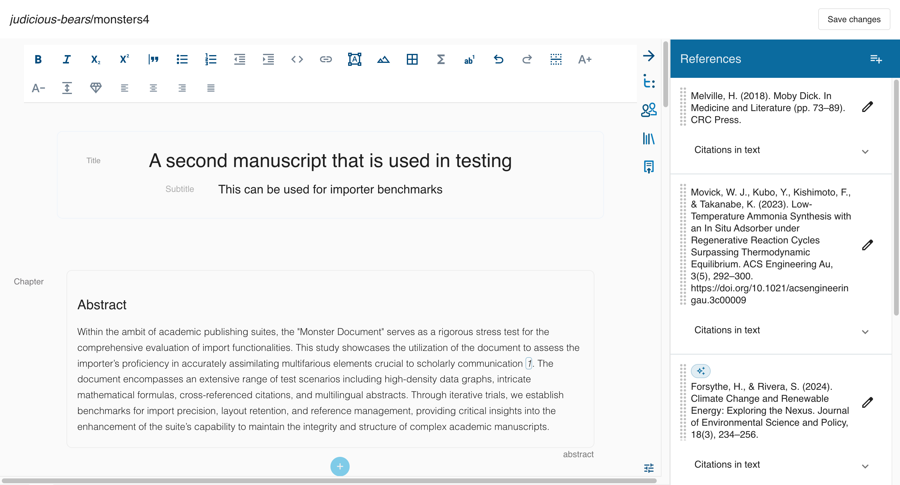 References panel showing bibliography entries with Citations in text dropdowns