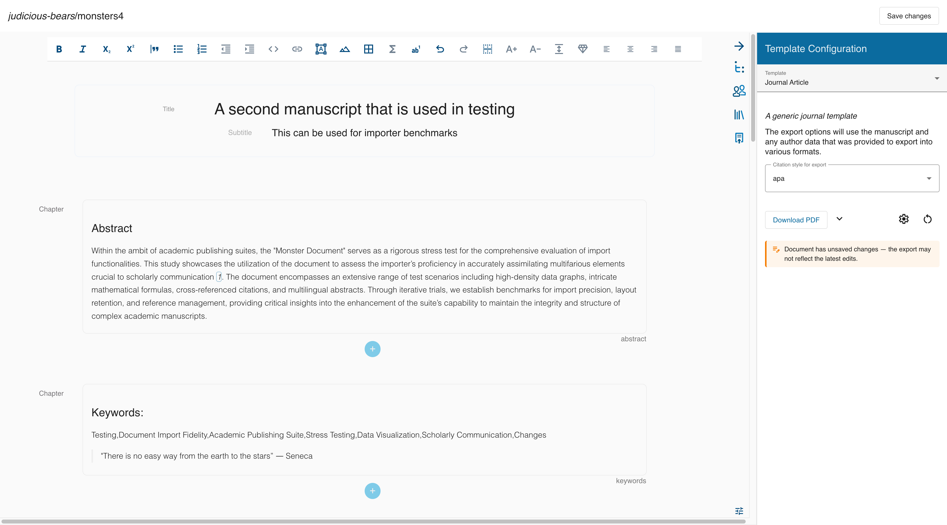 Template configuration with an orange unsaved changes warning