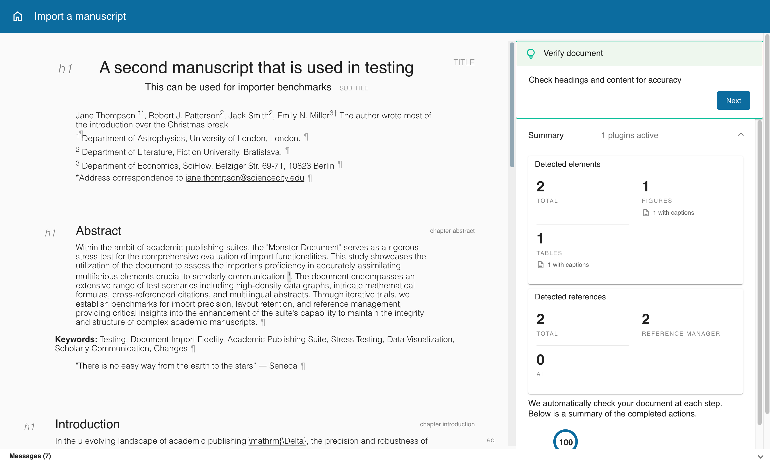 Import verification screen showing a document preview on the left with detected headings, authors, and references, and a Verify document panel on the right with a summary of detected elements and a Next button