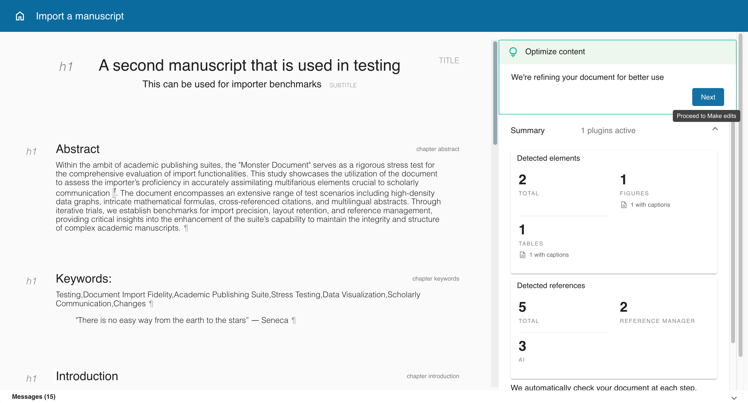 Import review screen showing the parsed document preview, a verification summary panel, and a Proceed to Make edits button at the bottom right