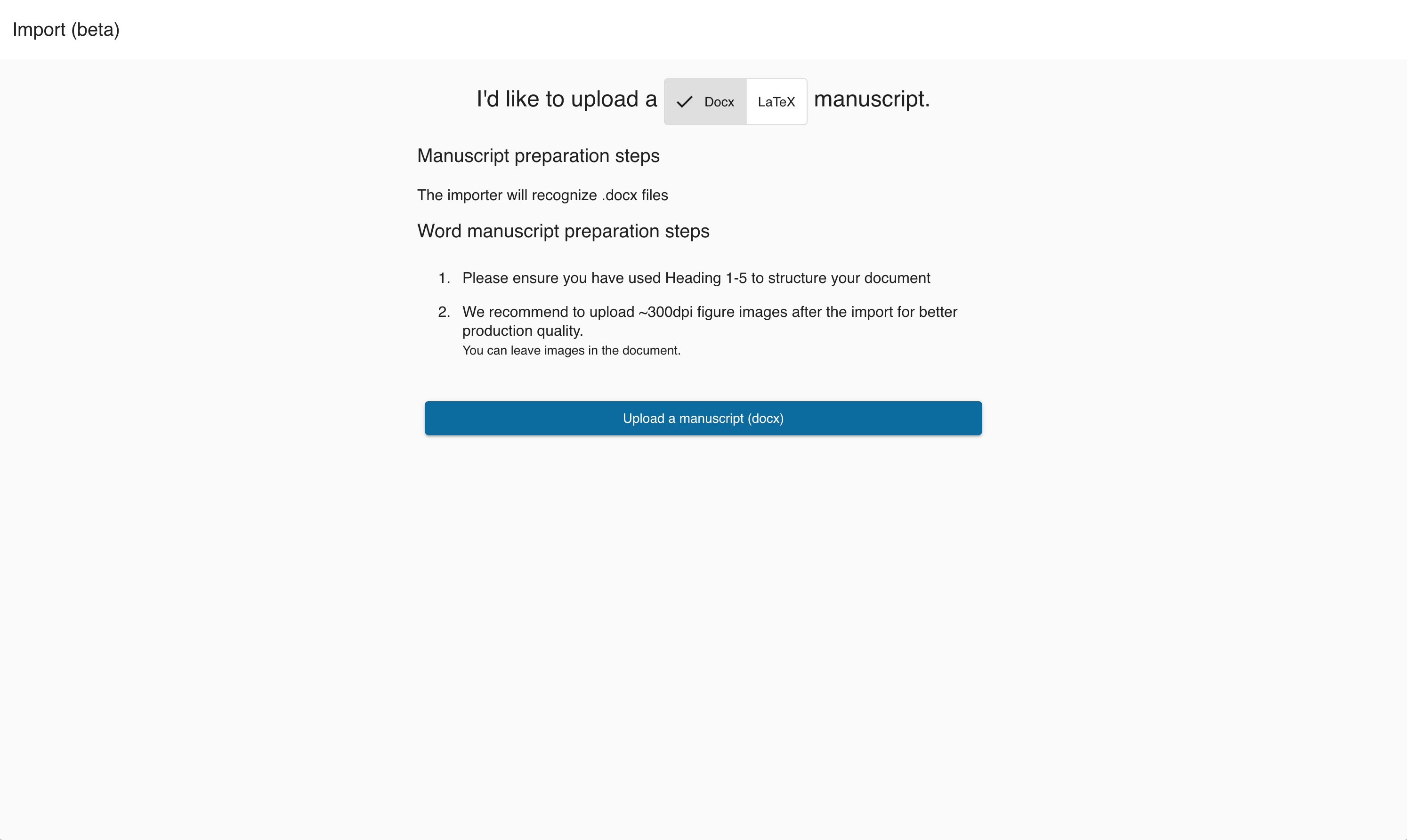 OS-APS import screen showing Docx and LaTeX format options, manuscript preparation steps, and an Upload a manuscript (docx) button