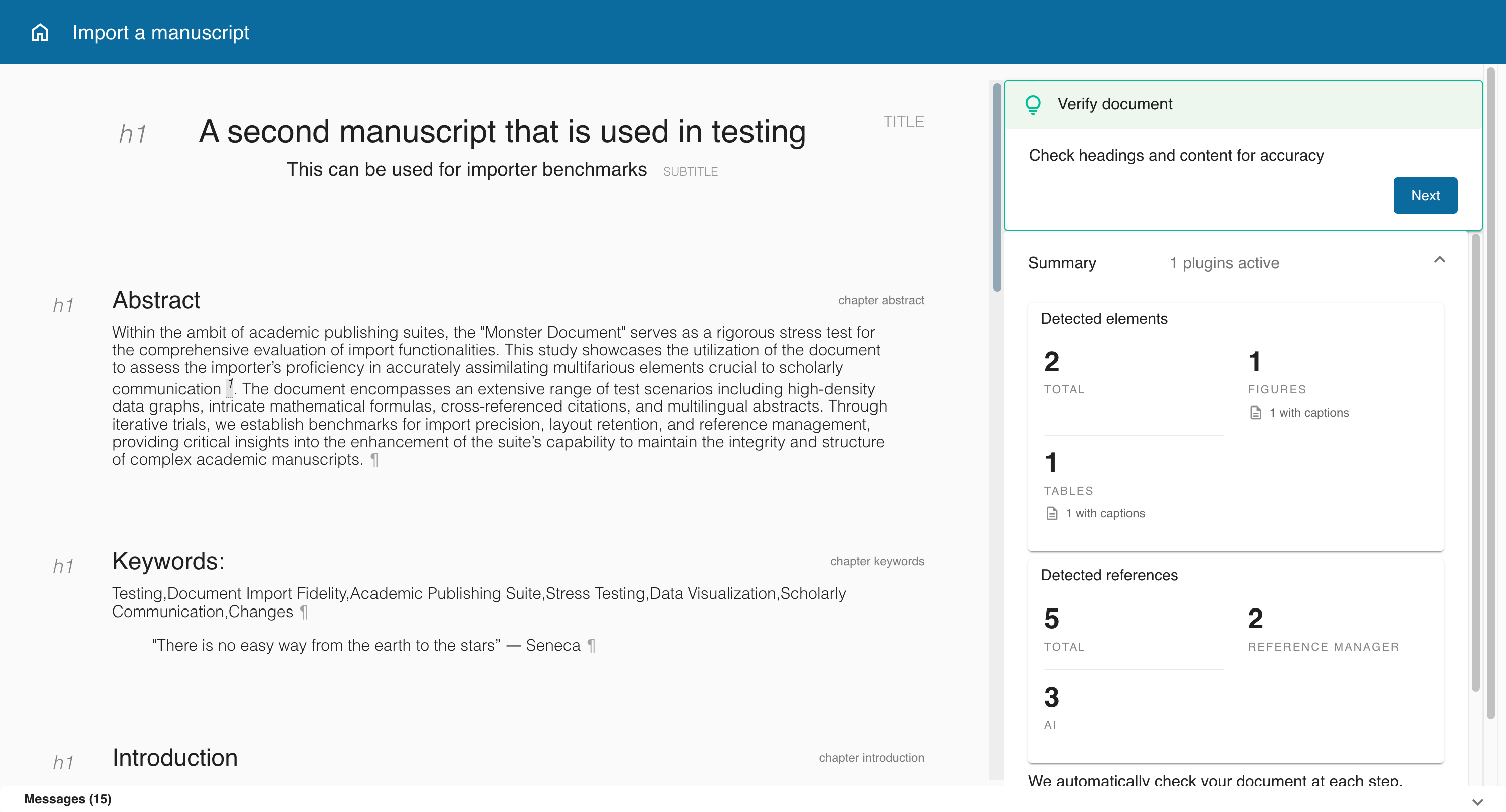 Import verification screen with a document preview on the left and a Verify document summary on the right showing detected headings, authors, affiliations, references, and figures